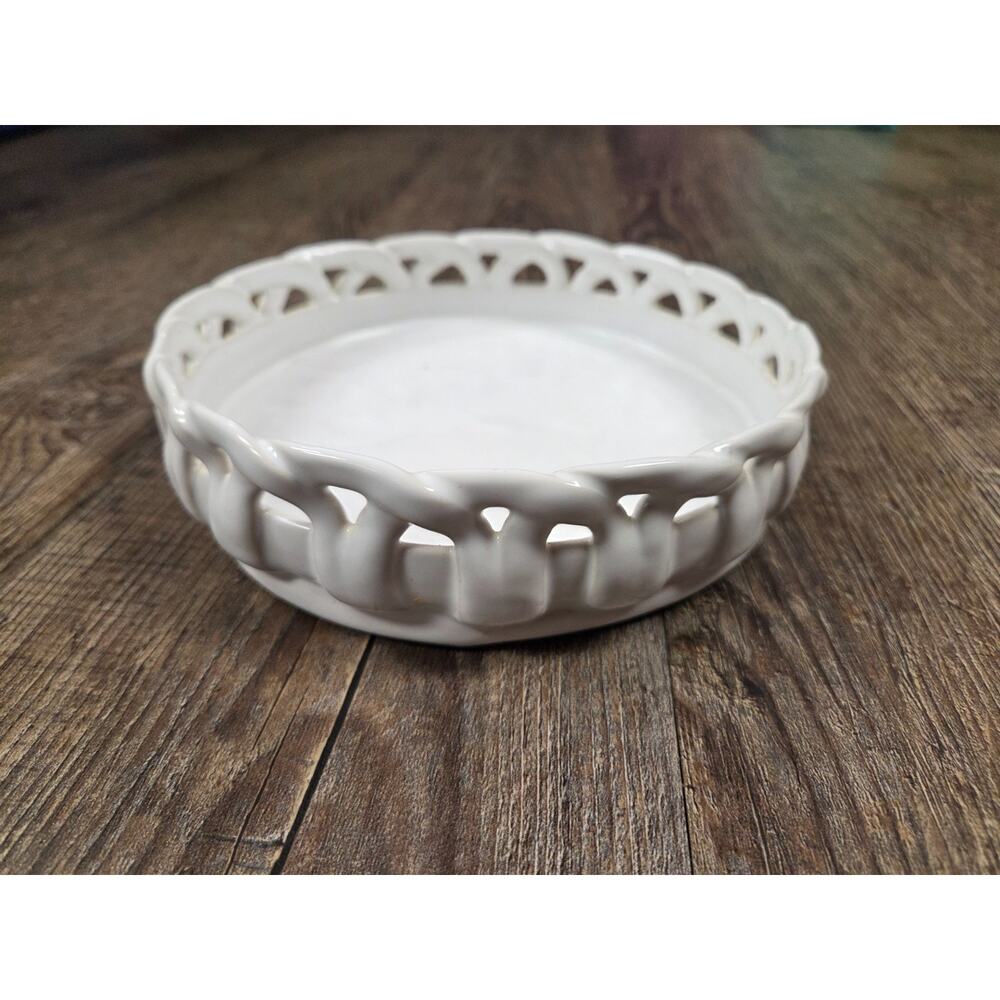 Partylite White Lattice 3 Wick Holder Rare White Basket Plate Bowl Portugal